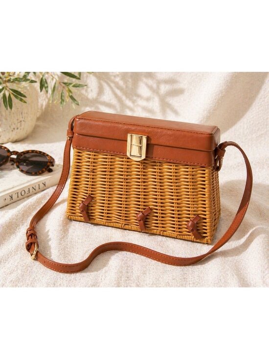 Zara Handbags - ZARA Wicker Crossbody Mini Basket Bag Straw Purse Brown Faux Leather Gold Clasp